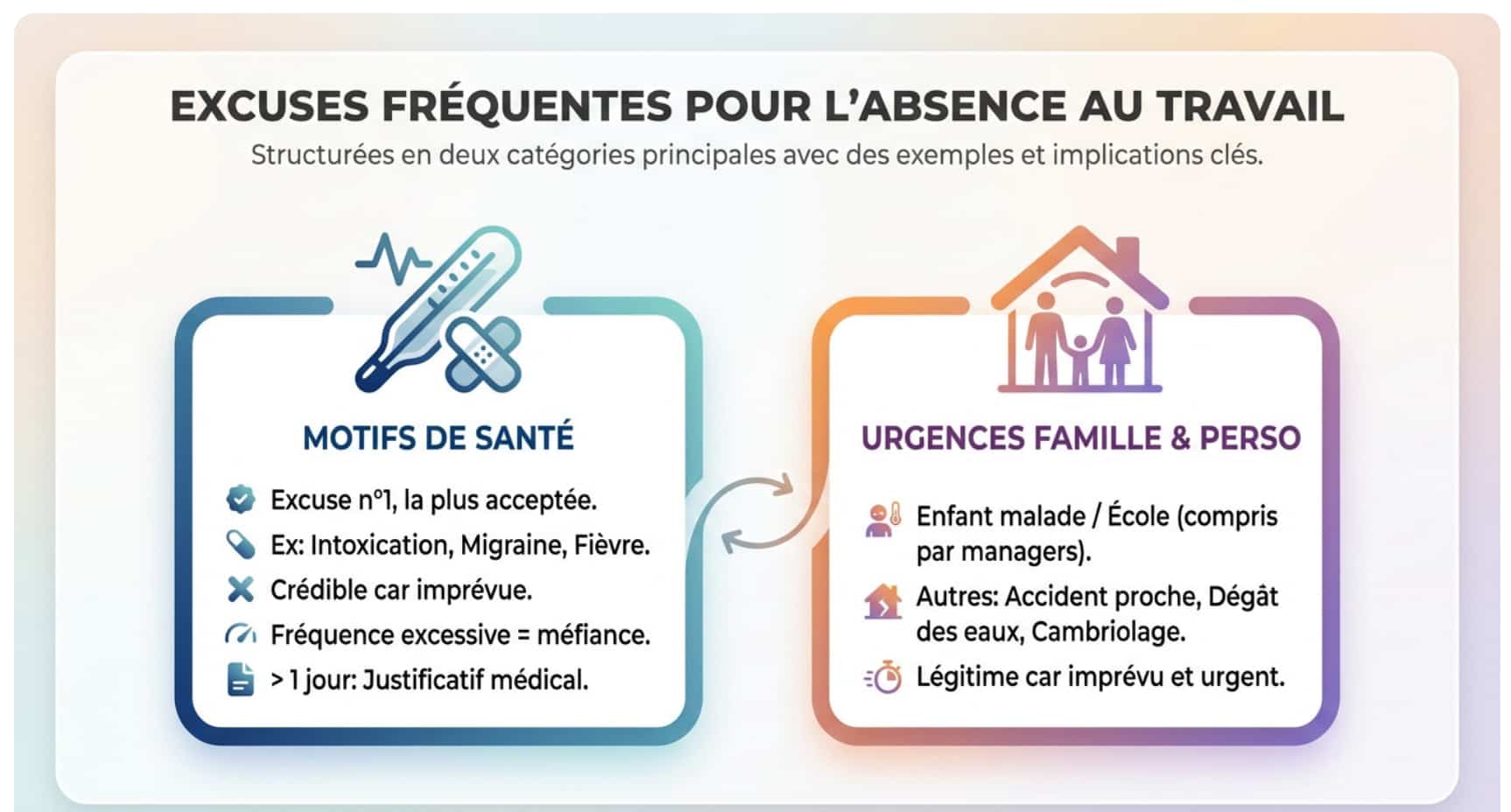 Infographie présentant les excuses pour ne pas aller au travail.