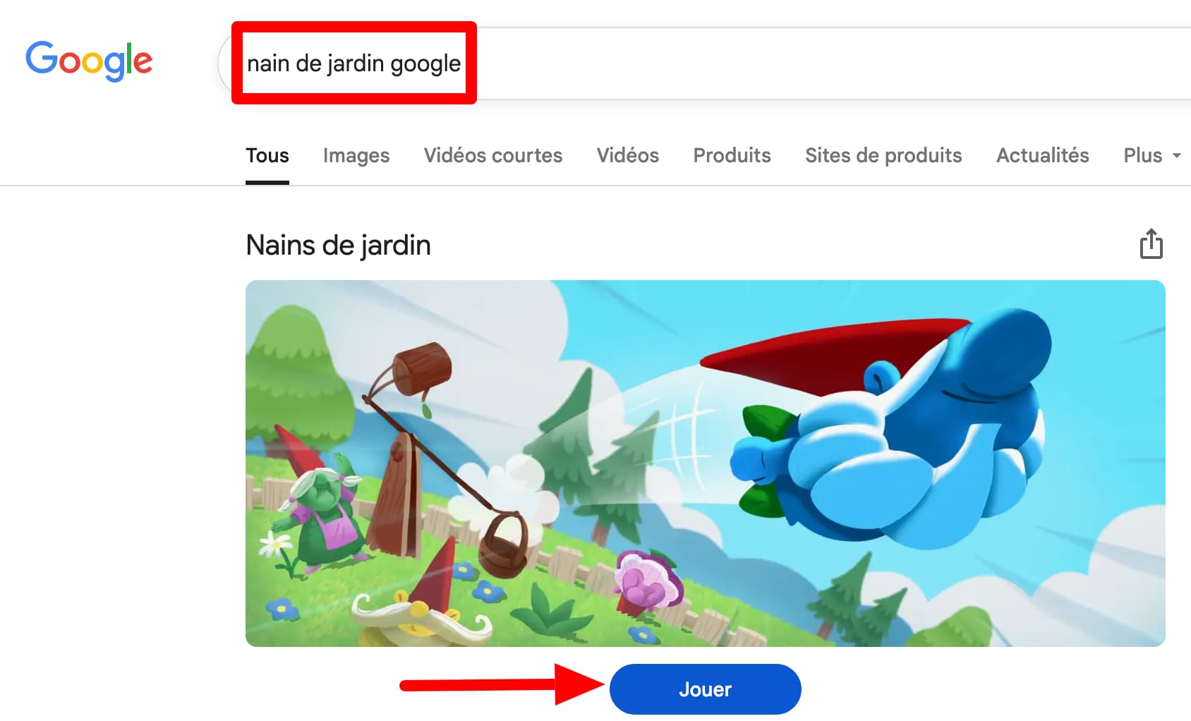Bouton "Jouer" du jeu nain de jardin de Google.