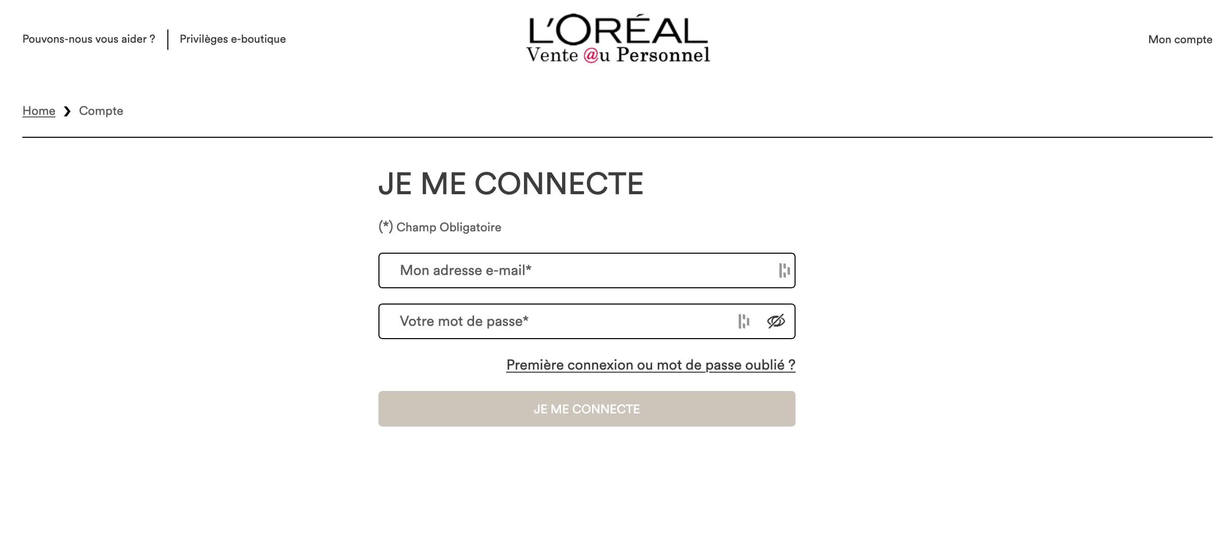 Connexion à la page de vente au personnel de L'Oréal.