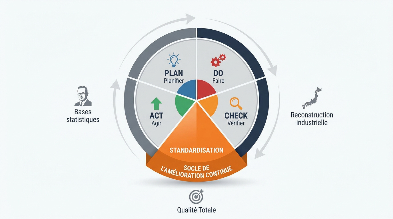 Illustration du cycle PDCA et de la roue de Deming pour l'amélioration continue