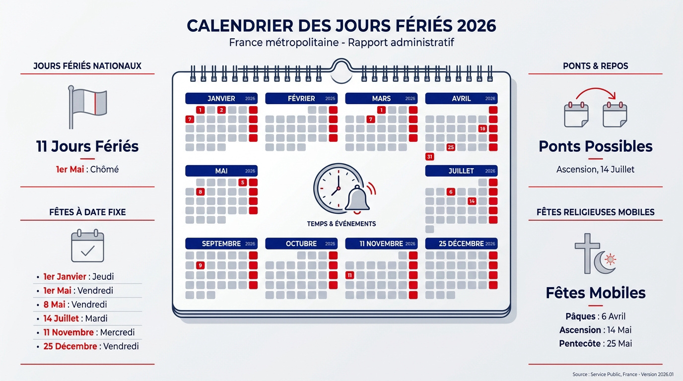 Calendrier détaillé des jours fériés en France pour l'année 2026