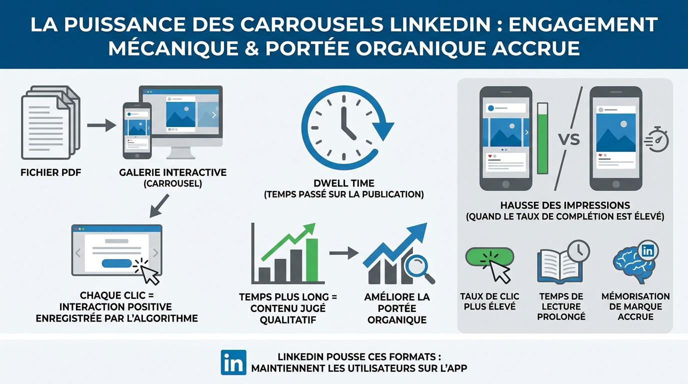 Graphique montrant l'augmentation de l'engagement et de la portée organique grâce aux carrousels LinkedIn
