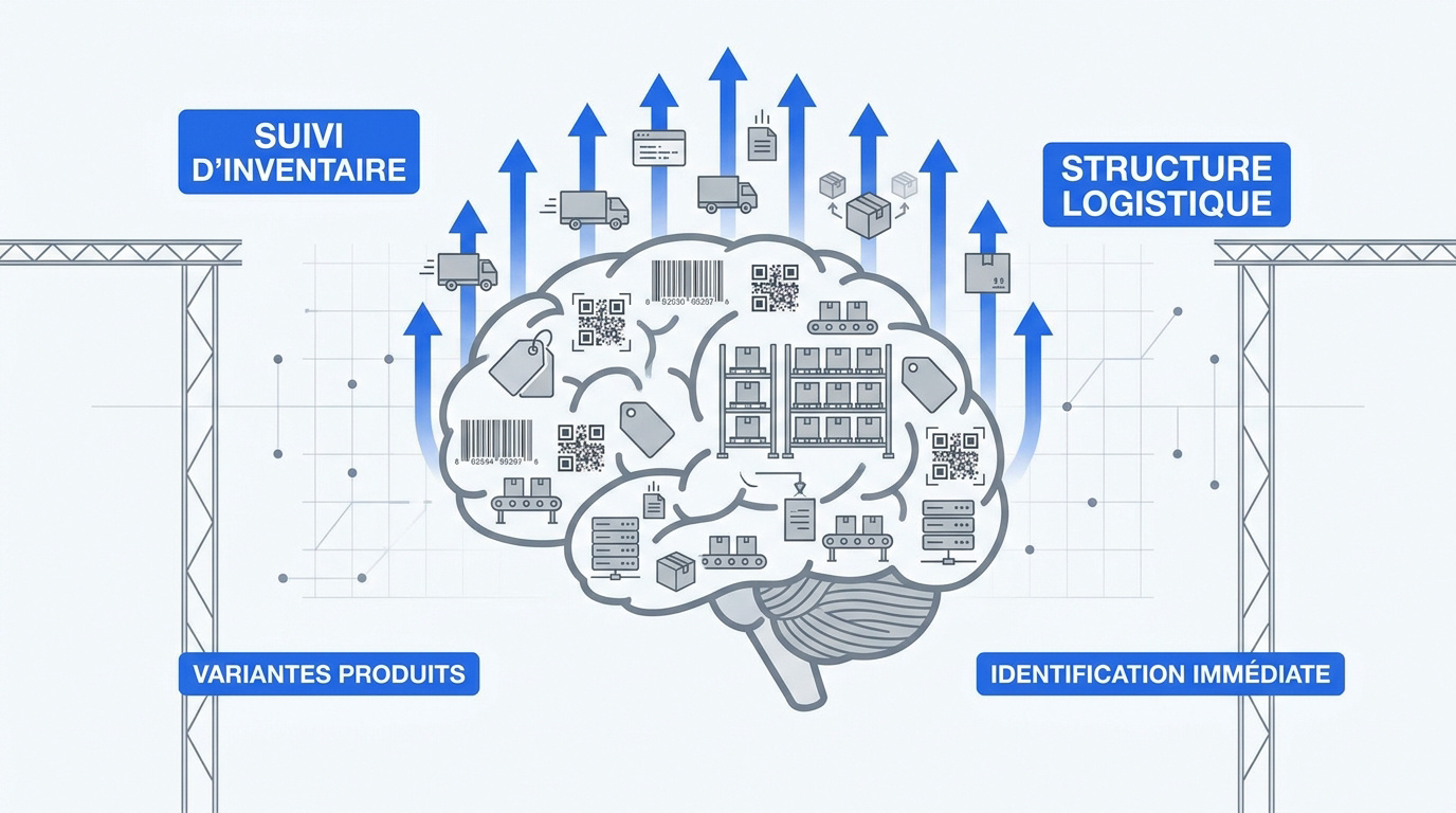 Schéma explicatif du SKU comme cerveau de la gestion logistique et du suivi des stocks