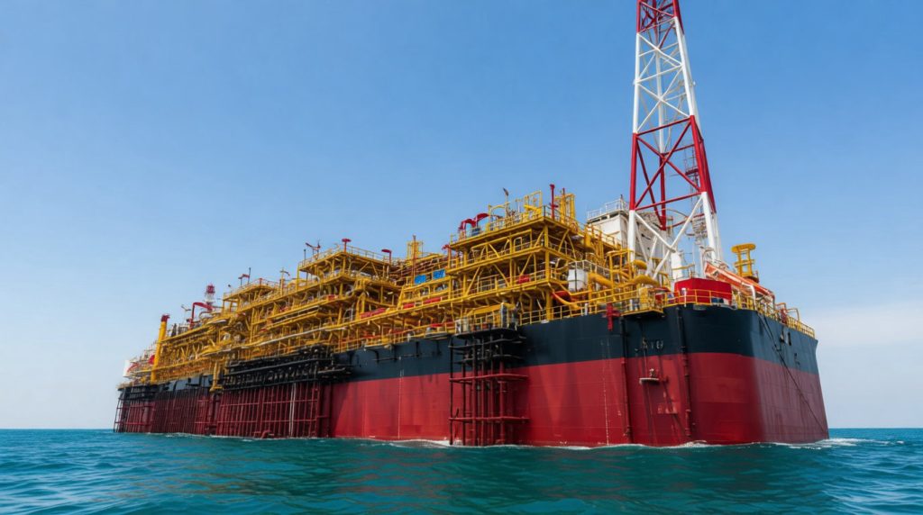 Navire FPSO rouge et noir avec des installations de forage et de production jaunes, flottant en haute mer sous un ciel bleu.