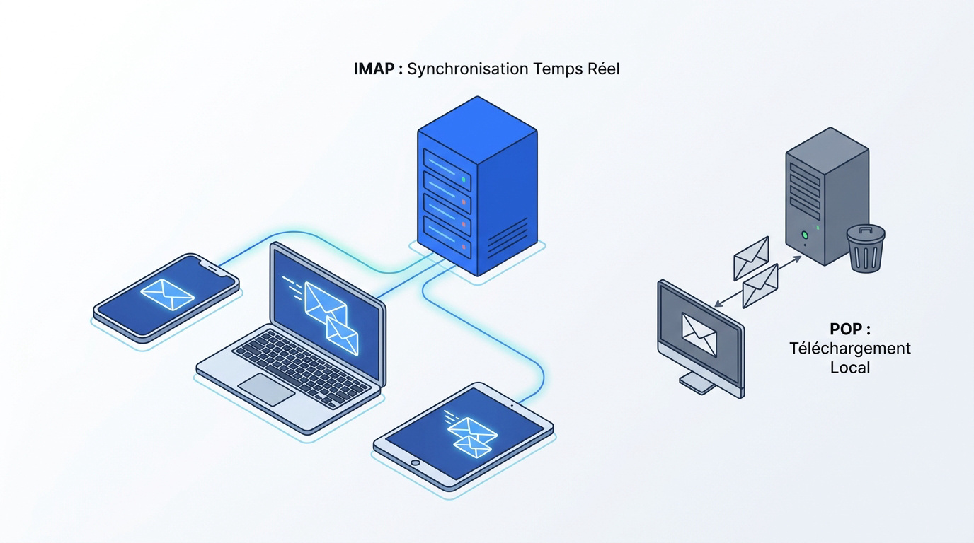 Comparaison graphique entre les protocoles de réception d'emails IMAP et POP3