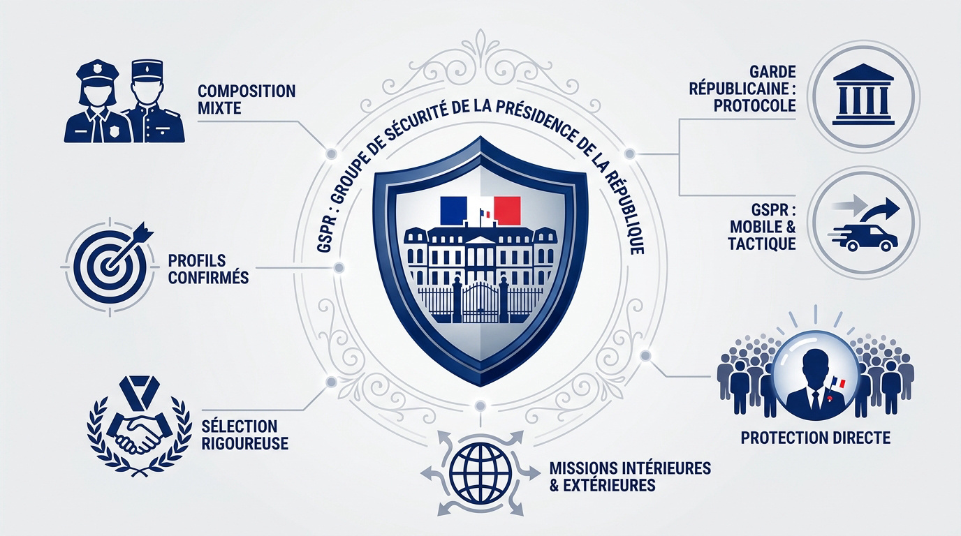 Infographie détaillant les rôles et les missions du GSPR pour la sécurité présidentielle