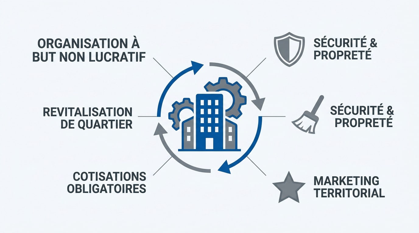 Infographie détaillant les missions de propreté, sécurité et marketing d'une BIA