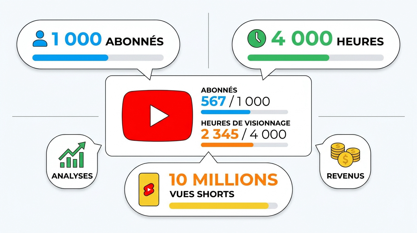 Graphique des seuils de monétisation YouTube 1000 abonnés et 4000 heures de vues