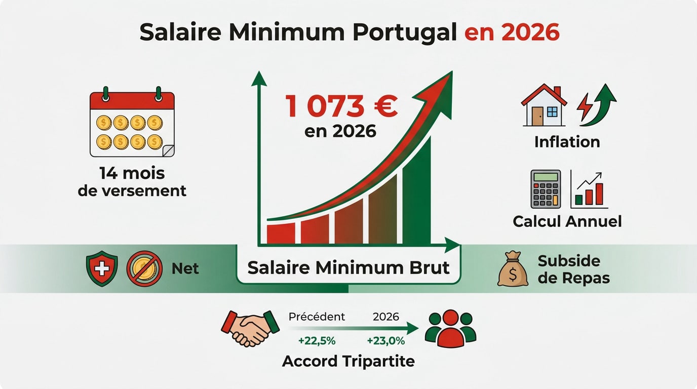 Infographie du salaire minimum au Portugal en 2026 fixant le montant brut à 1073 euros