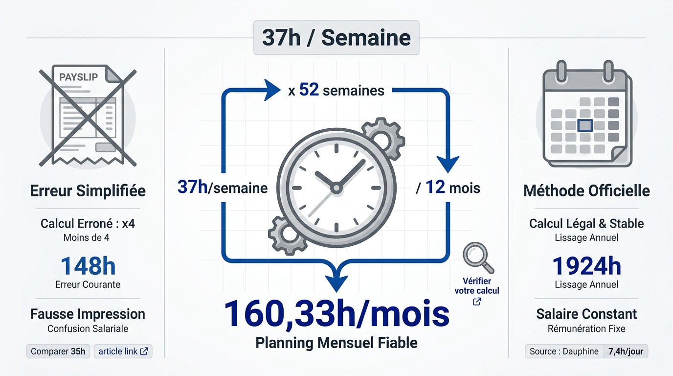 Comparaison entre le calcul mensuel réel de 160,33 heures et le calcul erroné de 148 heures