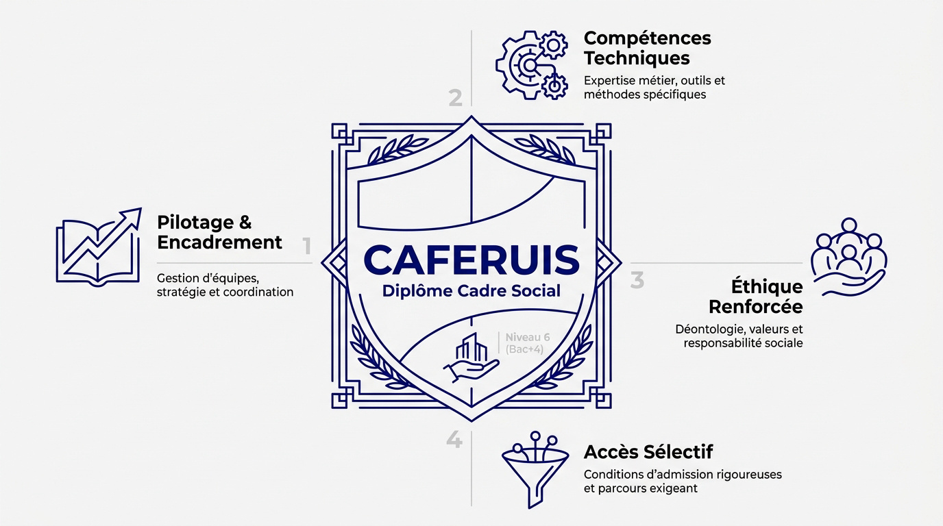 Infographie détaillant les étapes du diplôme CAFERUIS pour devenir cadre du secteur social