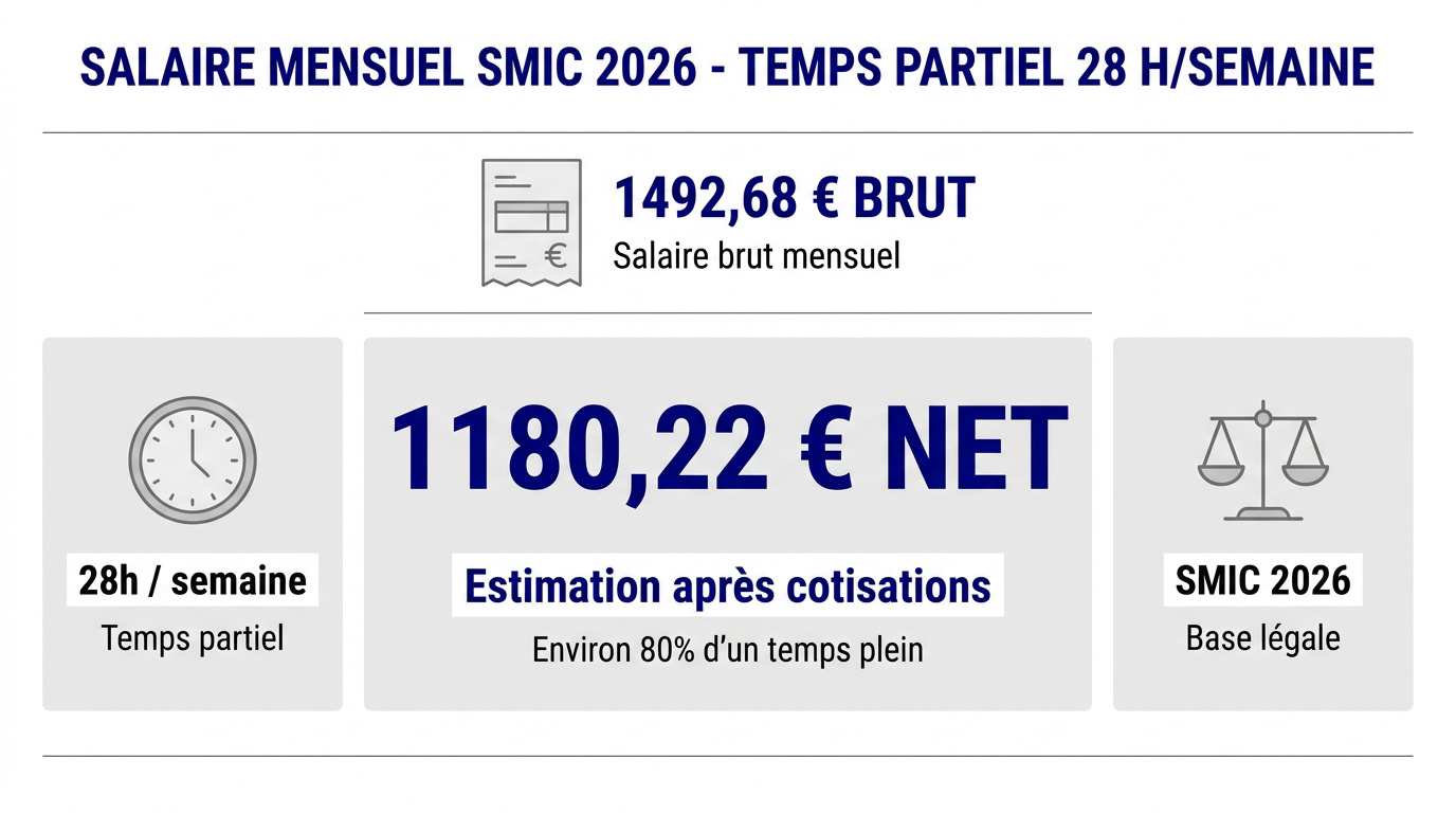 Simulation du salaire SMIC 2026 pour un contrat de 28 heures par semaine